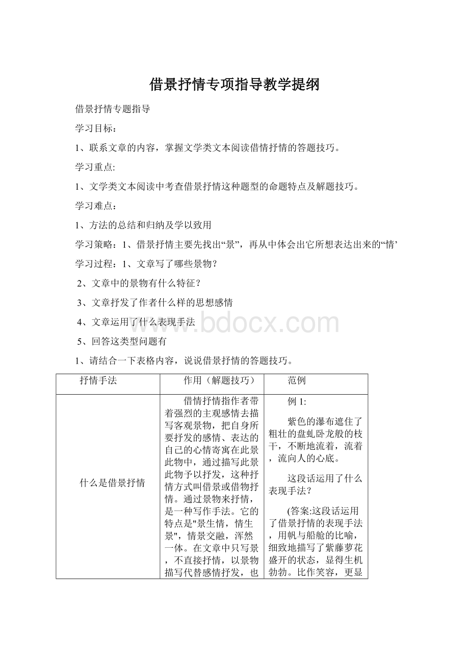 借景抒情专项指导教学提纲Word文档下载推荐.docx