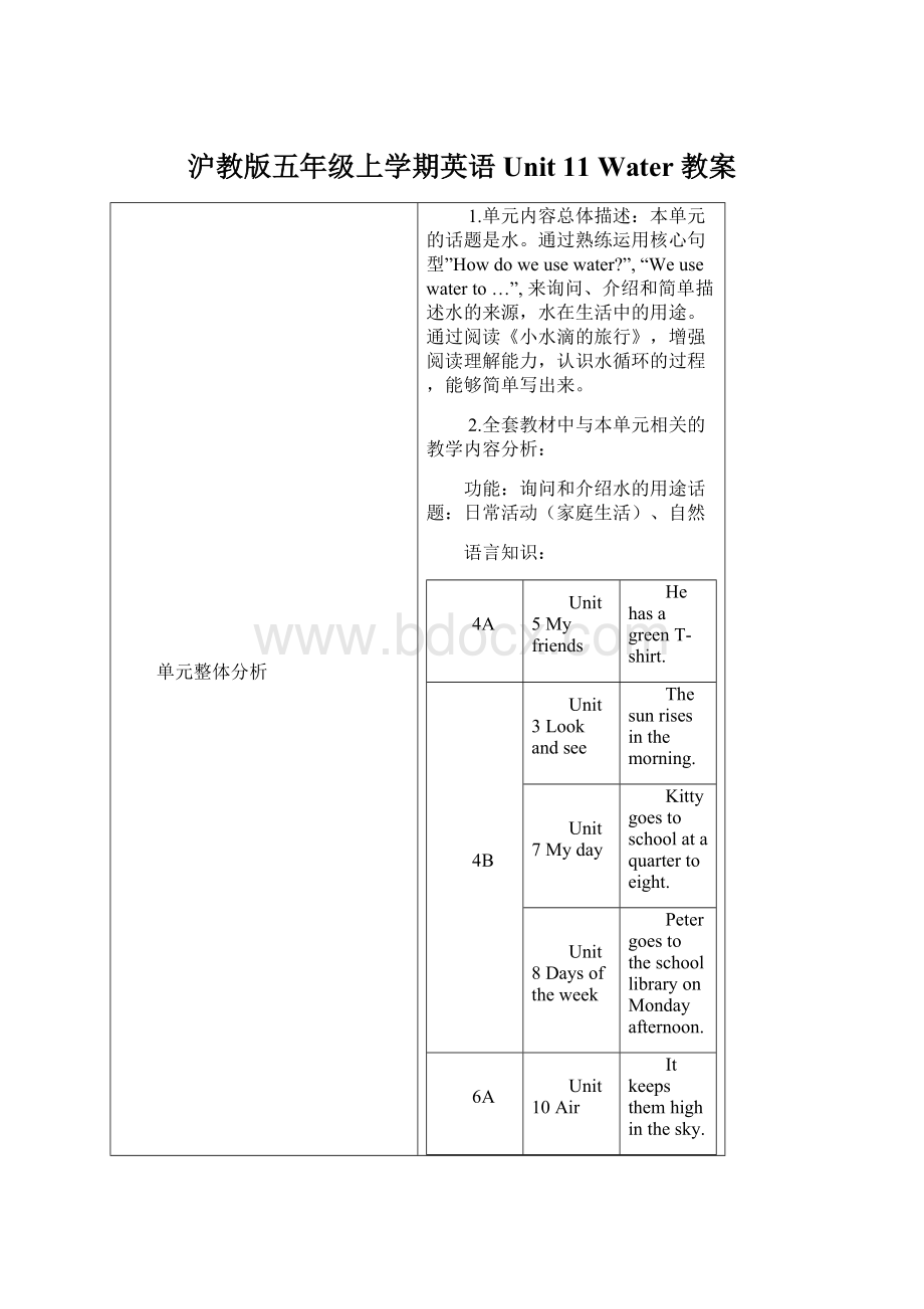 沪教版五年级上学期英语Unit 11 Water 教案Word文件下载.docx_第1页