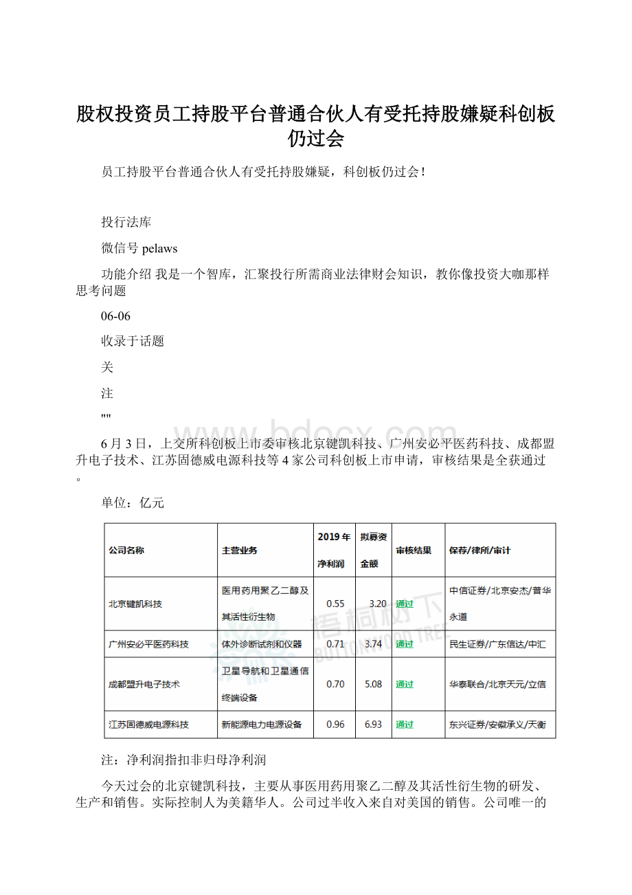 股权投资员工持股平台普通合伙人有受托持股嫌疑科创板仍过会Word格式.docx