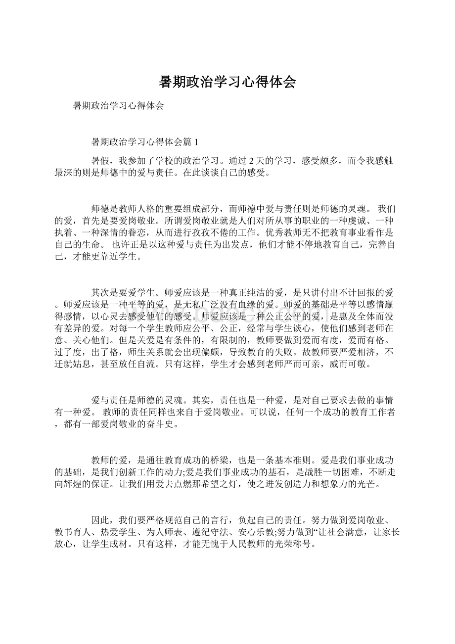 暑期政治学习心得体会Word格式文档下载.docx_第1页