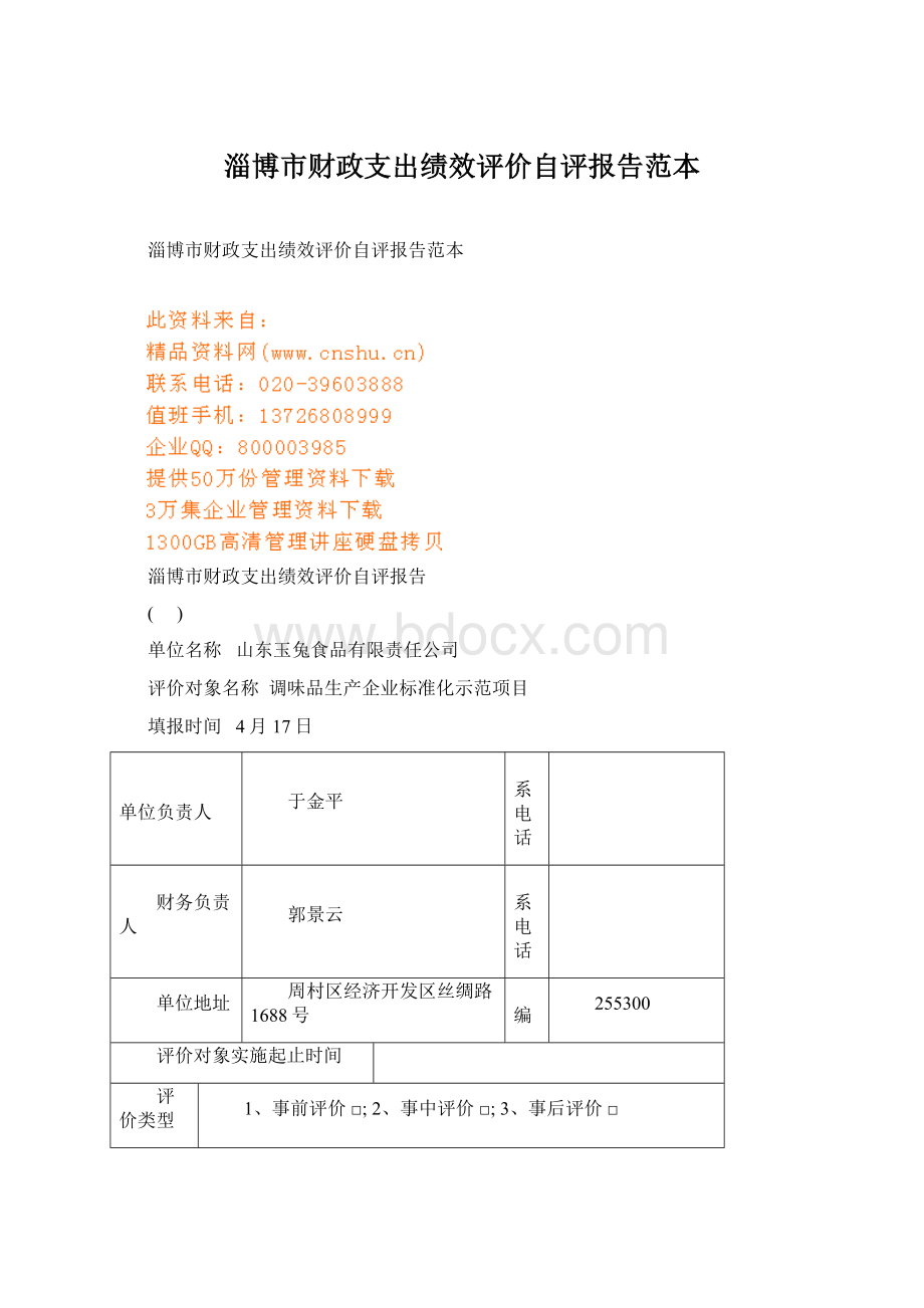 淄博市财政支出绩效评价自评报告范本Word文档格式.docx