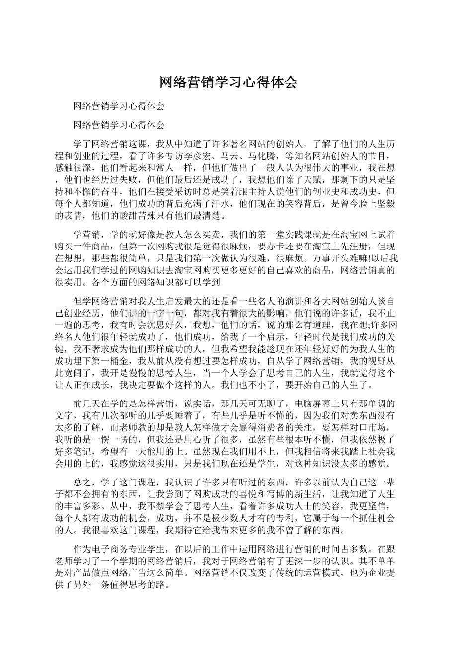 网络营销学习心得体会Word下载.docx