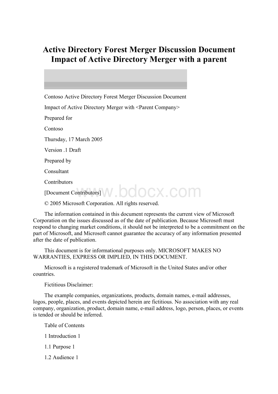 Active Directory Forest Merger Discussion DocumentImpact of Active Directory Merger with a parent.docx