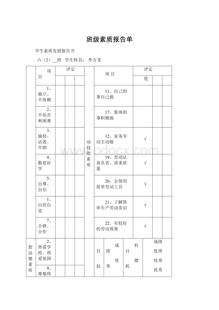 班级素质报告单文档格式.docx_第1页