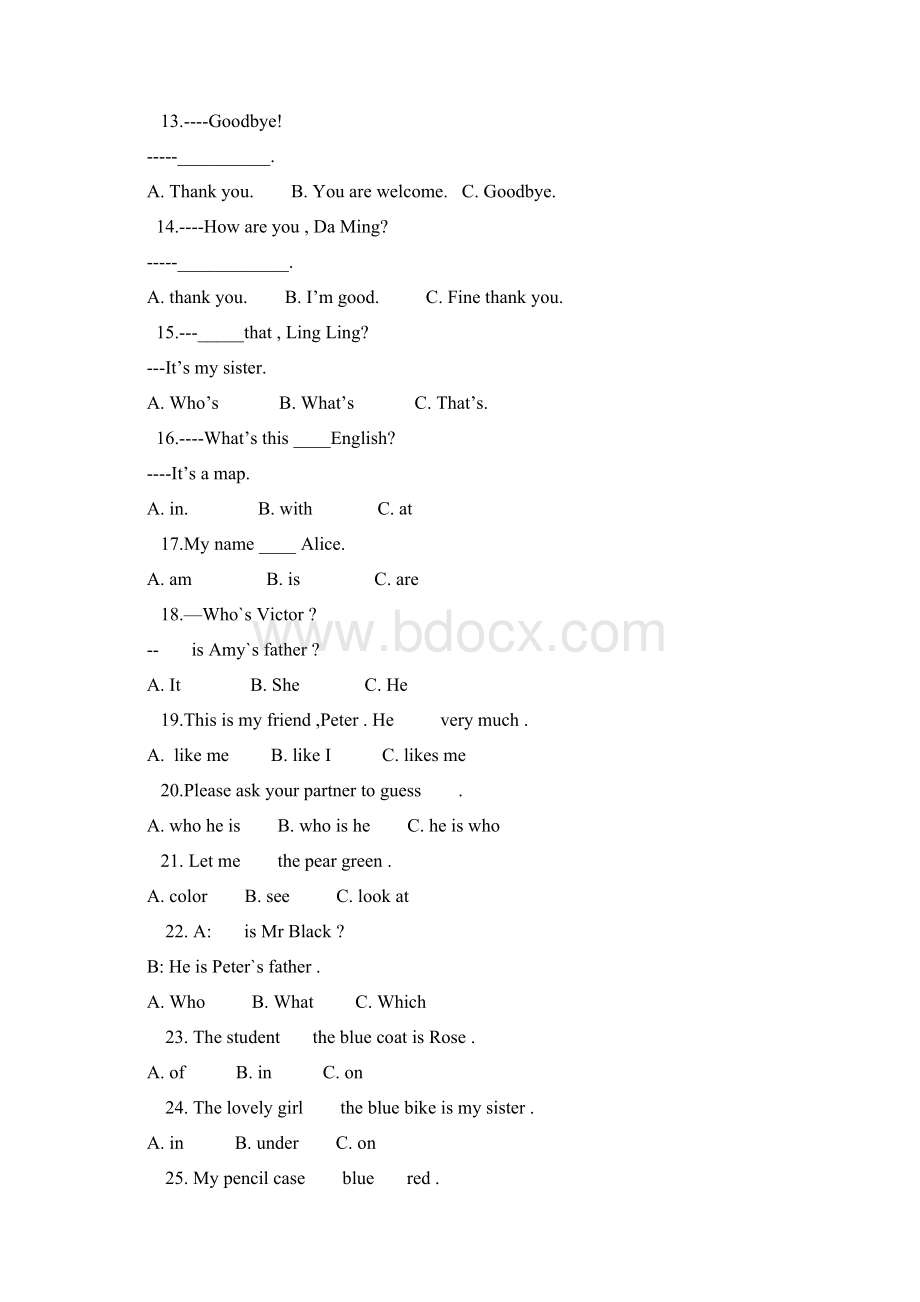 新目标英语七年级上册单项选择题Word格式文档下载.docx_第2页