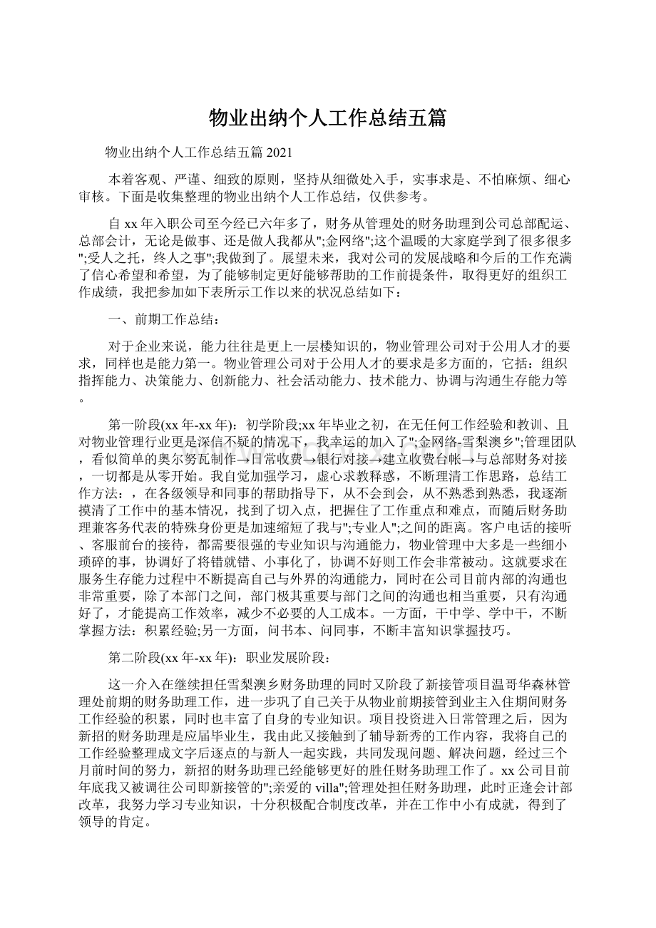 物业出纳个人工作总结五篇文档格式.docx