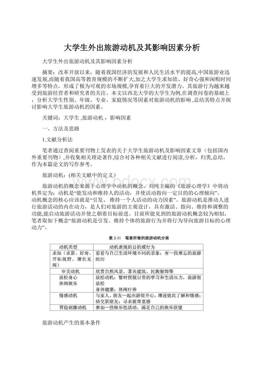 大学生外出旅游动机及其影响因素分析Word下载.docx