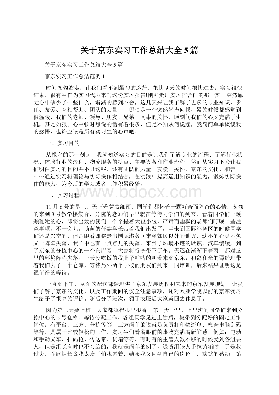 关于京东实习工作总结大全5篇文档格式.docx