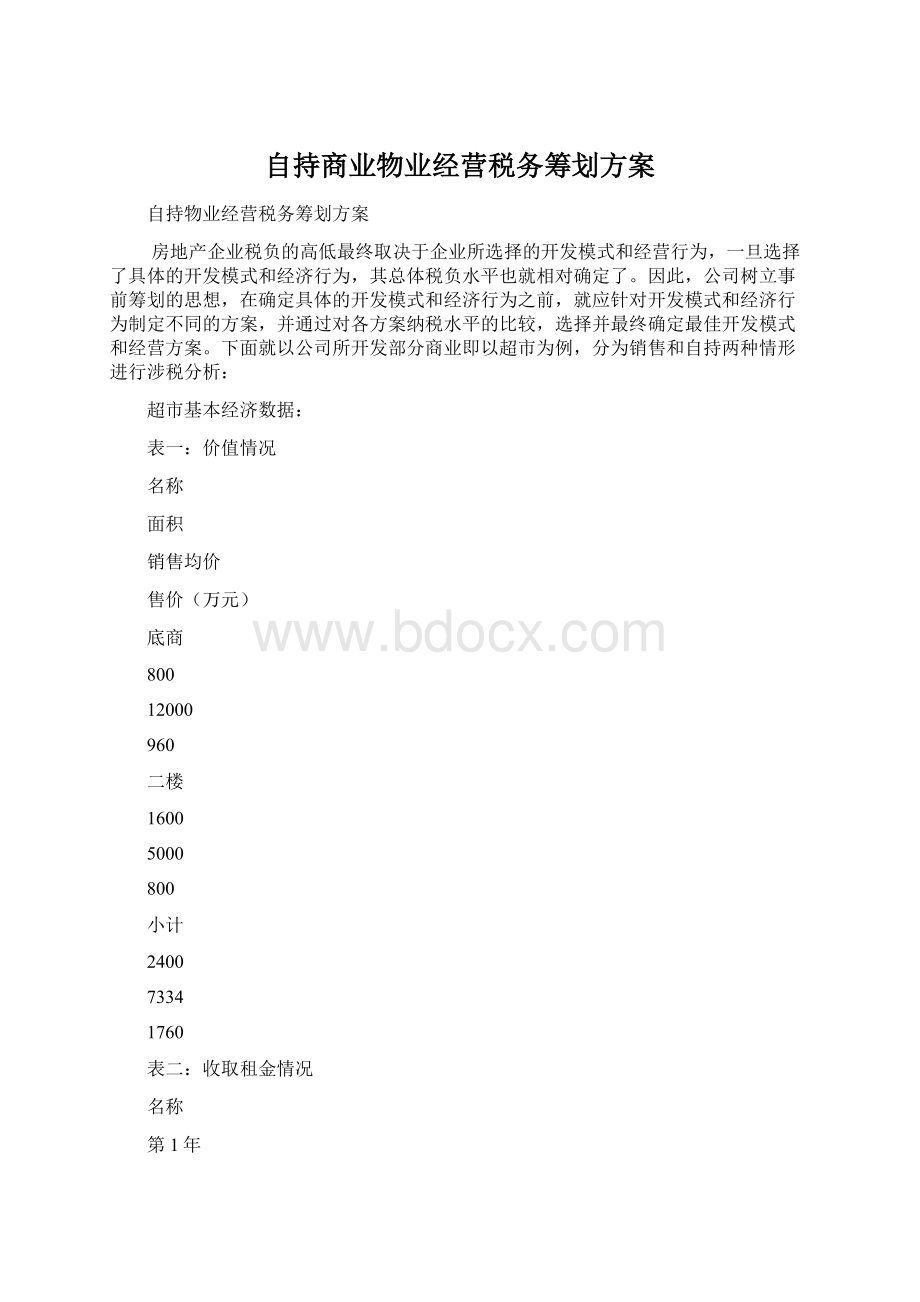 自持商业物业经营税务筹划方案Word文档下载推荐.docx