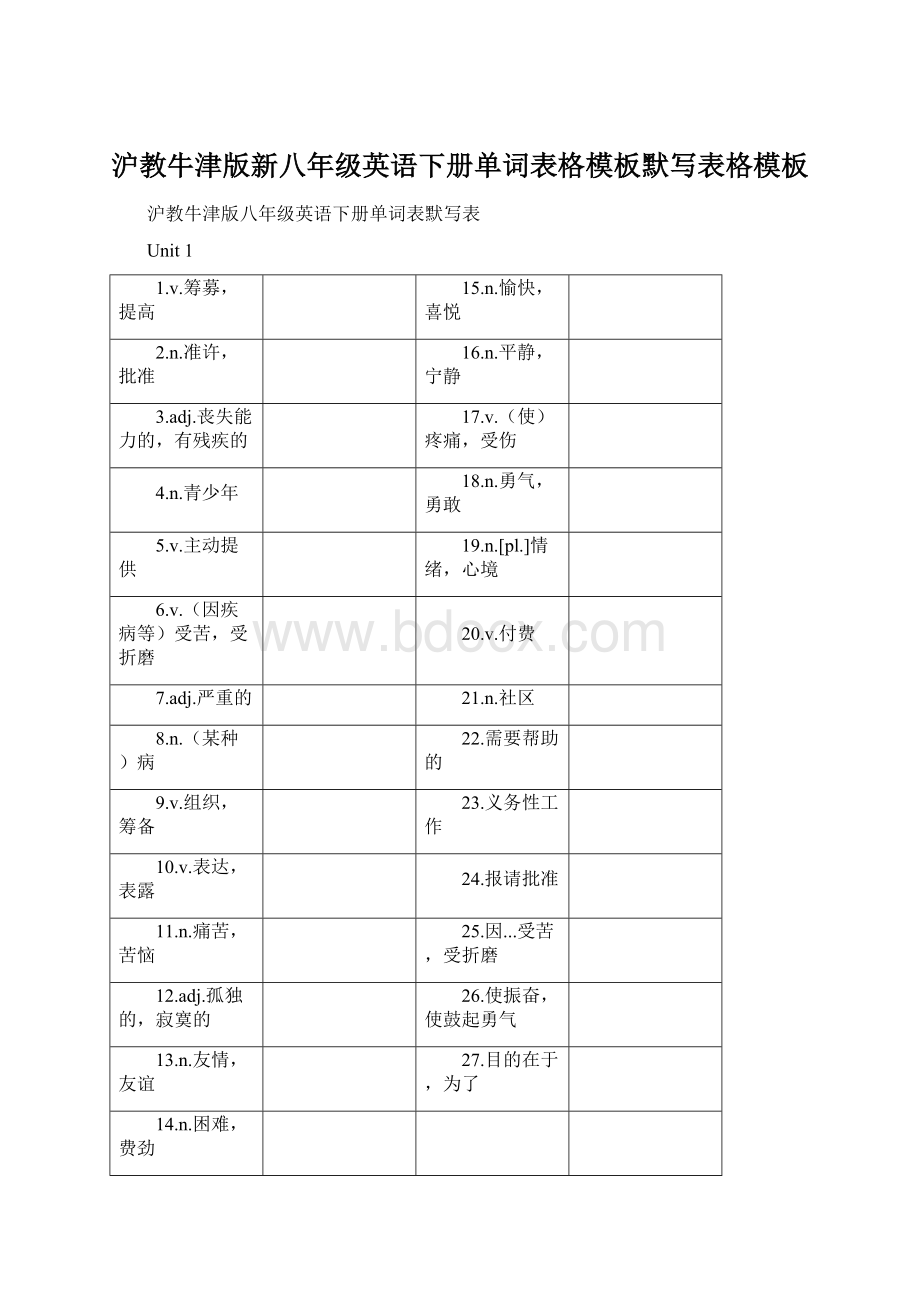 沪教牛津版新八年级英语下册单词表格模板默写表格模板Word文件下载.docx