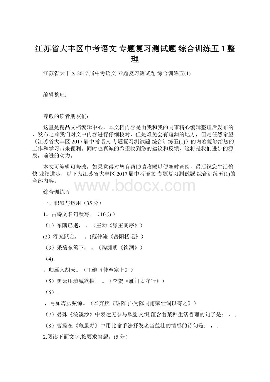 江苏省大丰区中考语文 专题复习测试题 综合训练五1整理.docx