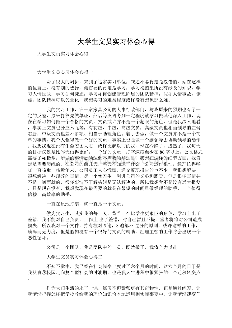 大学生文员实习体会心得Word文档下载推荐.docx