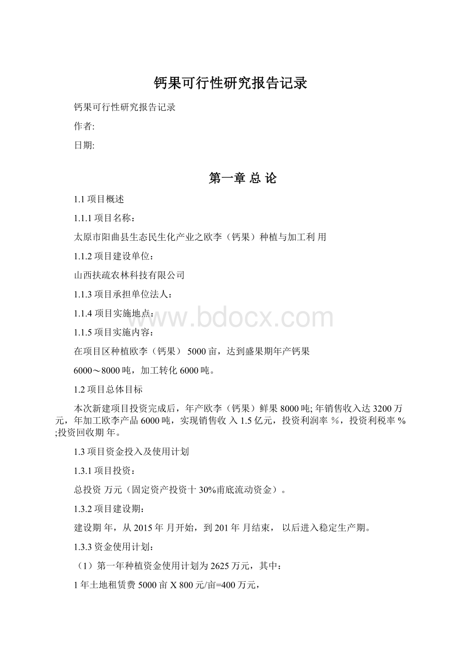 钙果可行性研究报告记录文档格式.docx