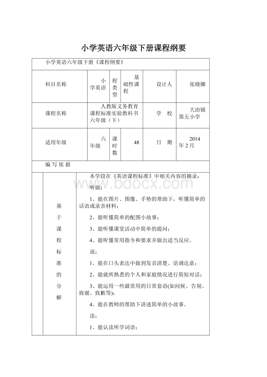 小学英语六年级下册课程纲要Word格式.docx