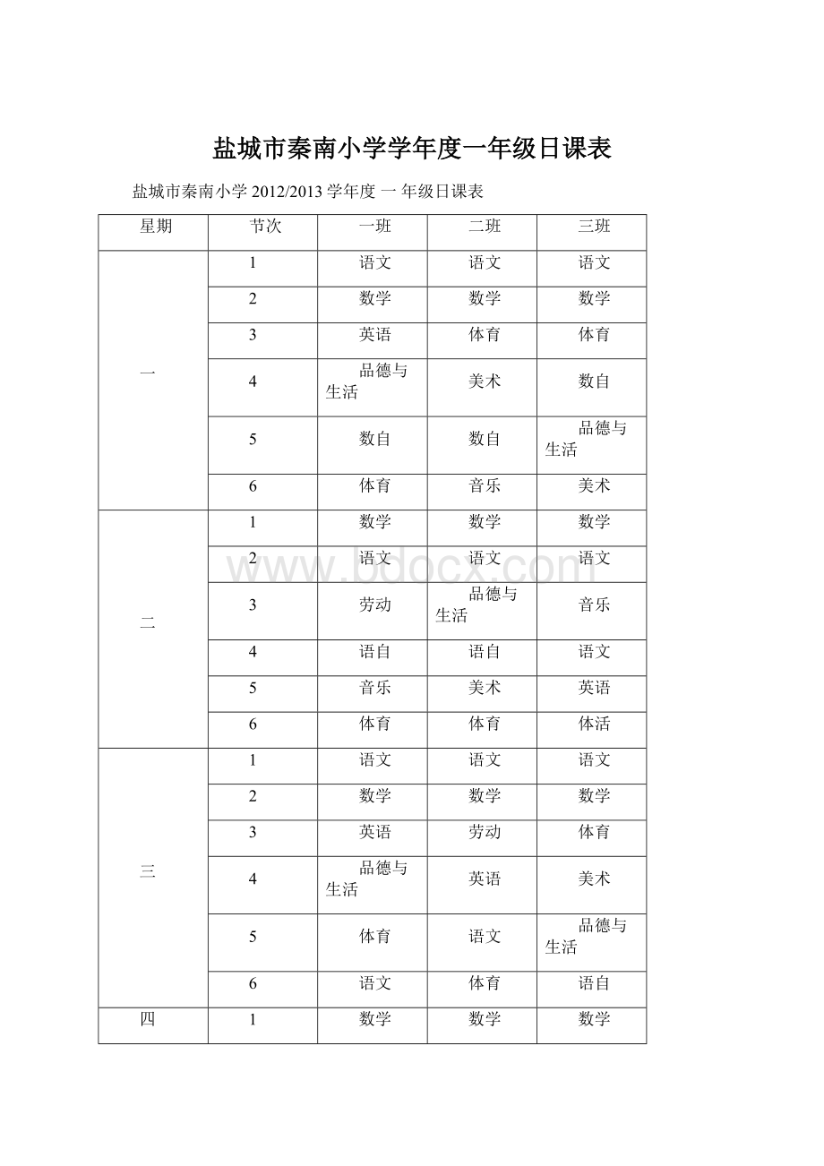 盐城市秦南小学学年度一年级日课表Word格式文档下载.docx