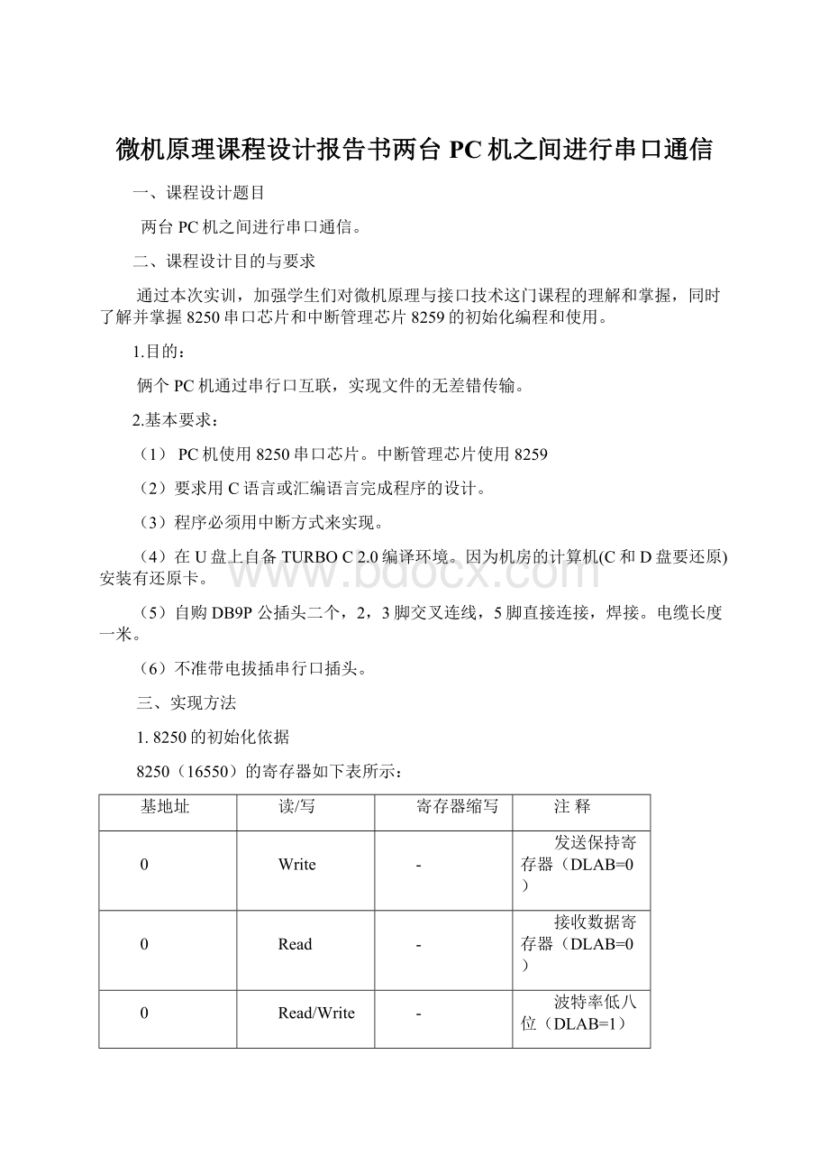 微机原理课程设计报告书两台PC机之间进行串口通信Word文档下载推荐.docx_第1页