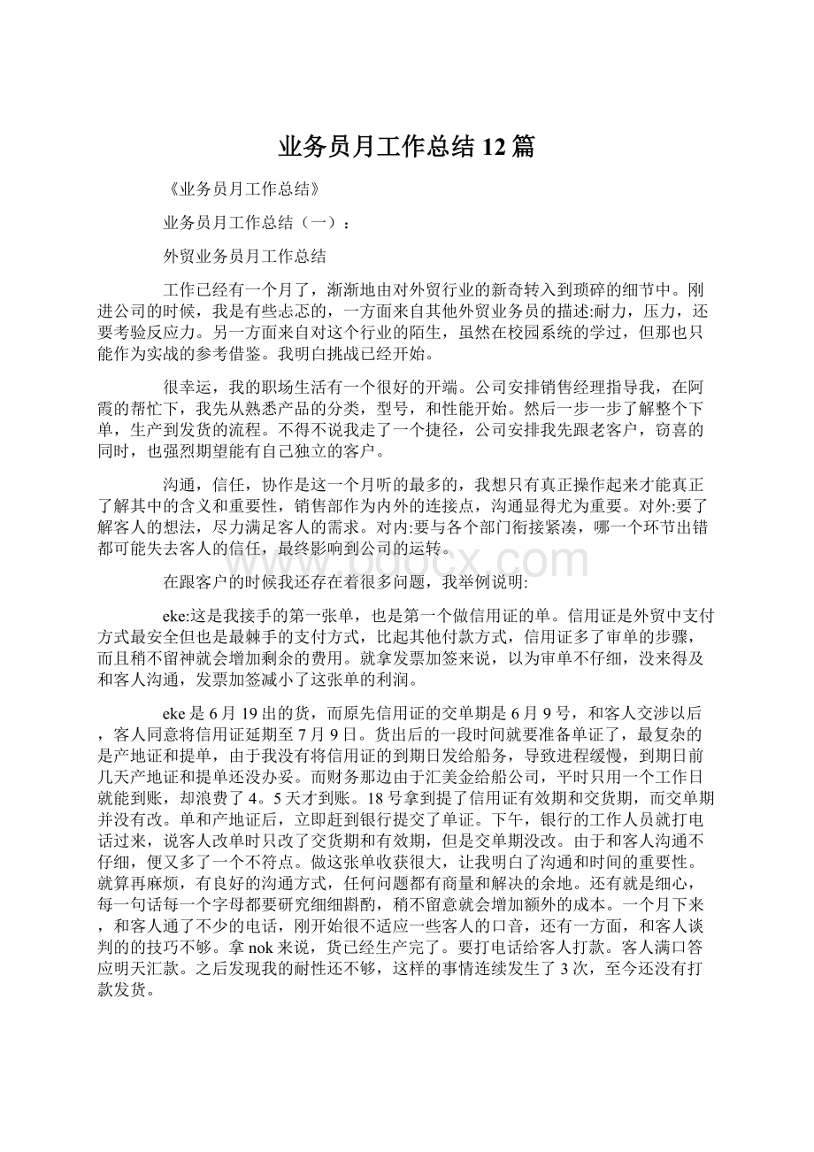 业务员月工作总结12篇Word格式文档下载.docx