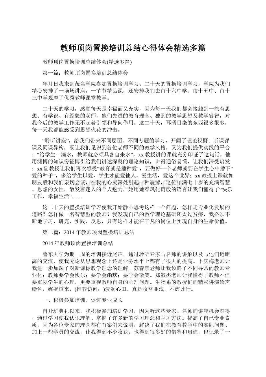 教师顶岗置换培训总结心得体会精选多篇Word格式文档下载.docx_第1页