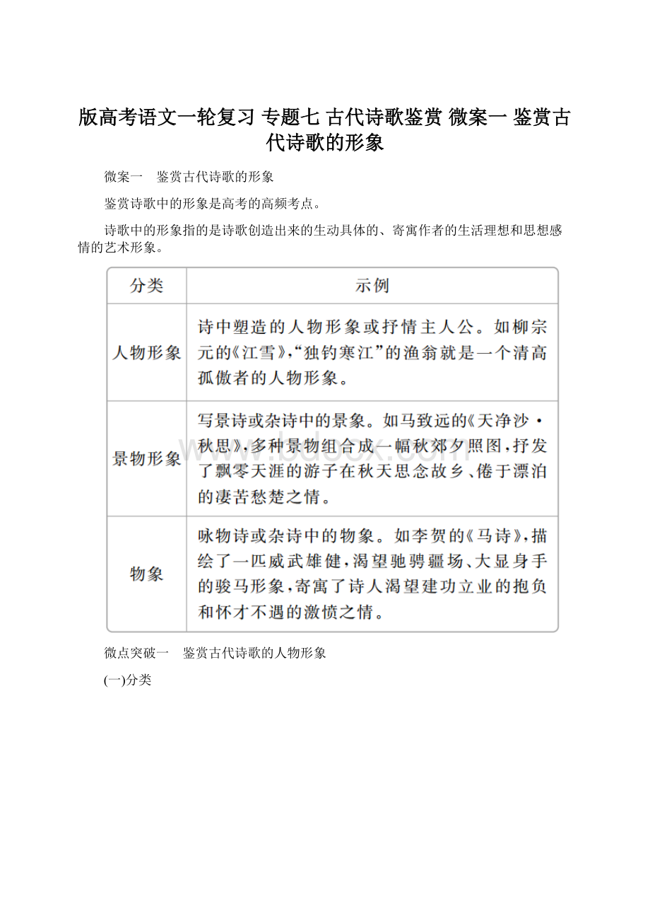 版高考语文一轮复习 专题七 古代诗歌鉴赏 微案一 鉴赏古代诗歌的形象Word格式.docx_第1页