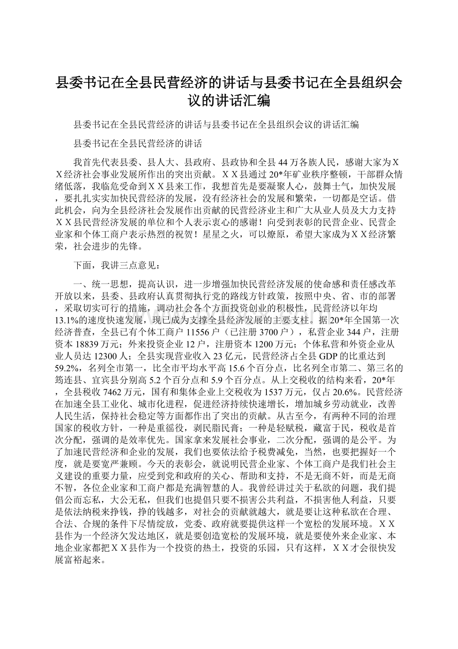 县委书记在全县民营经济的讲话与县委书记在全县组织会议的讲话汇编文档格式.docx_第1页