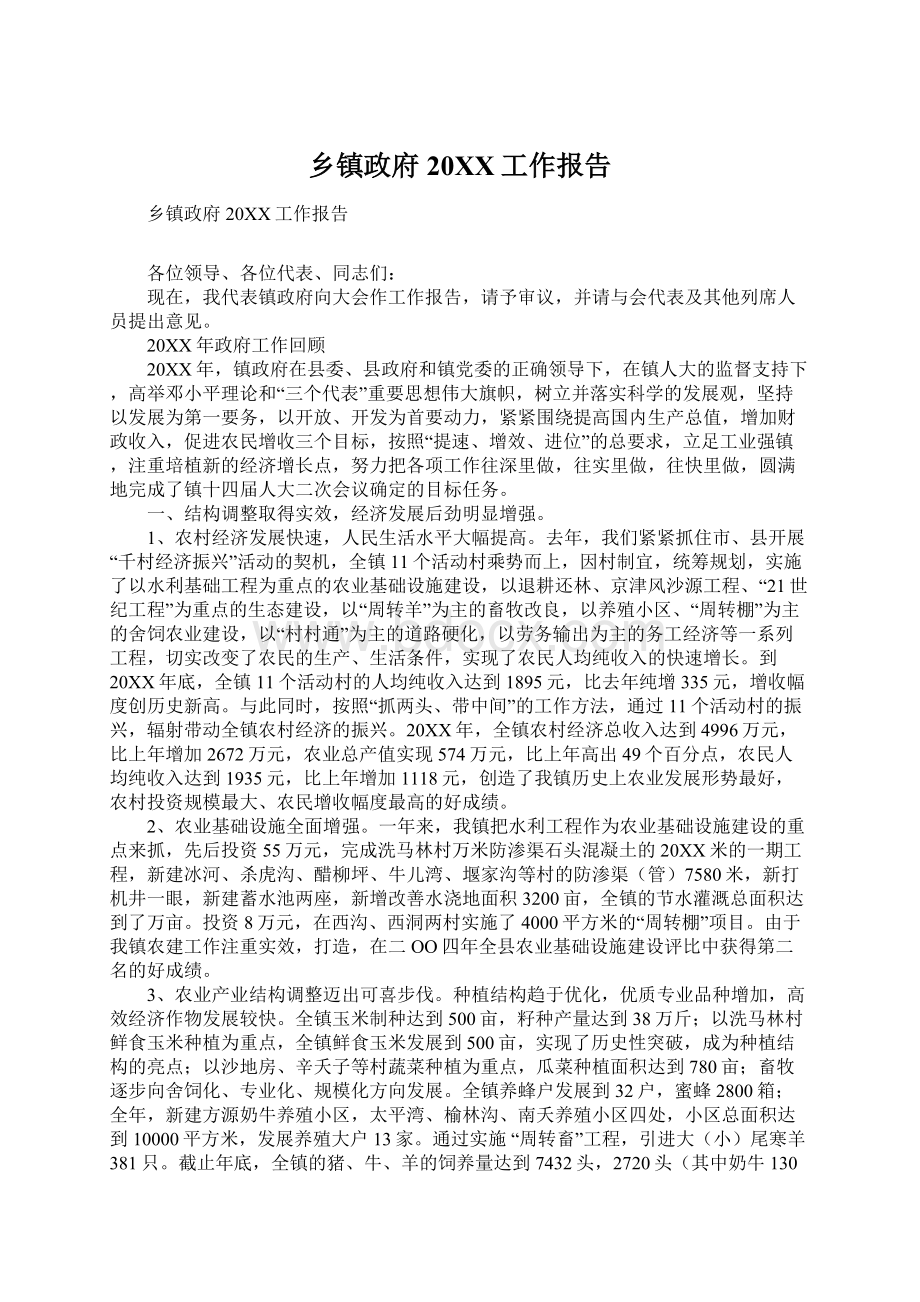 乡镇政府20XX工作报告Word格式文档下载.docx_第1页