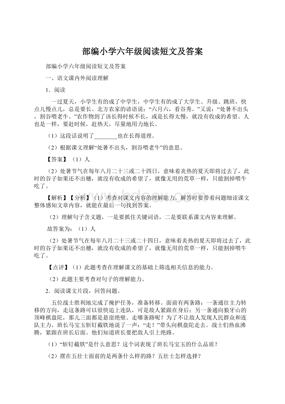 部编小学六年级阅读短文及答案Word文档下载推荐.docx