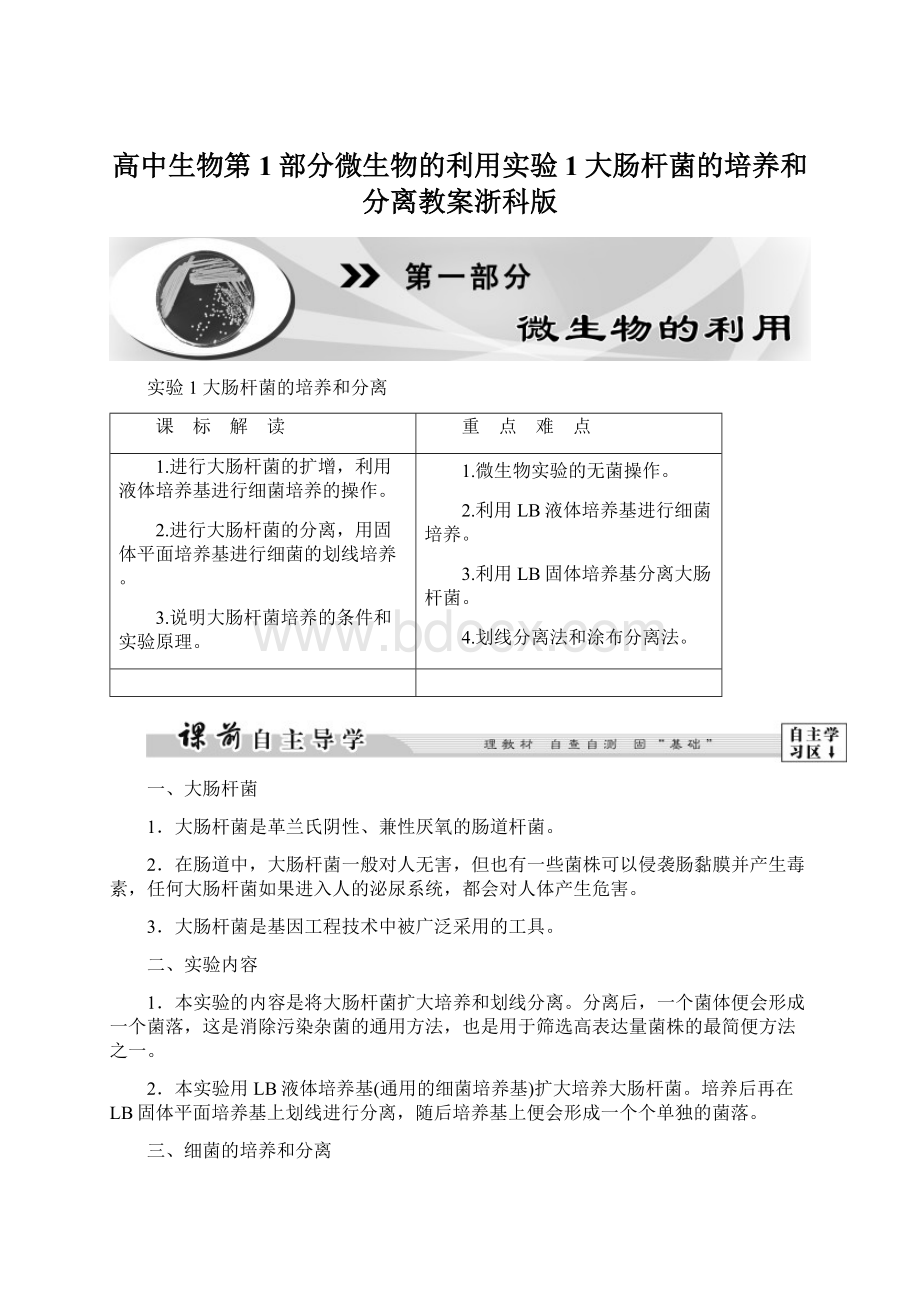 高中生物第1部分微生物的利用实验1大肠杆菌的培养和分离教案浙科版Word格式文档下载.docx_第1页