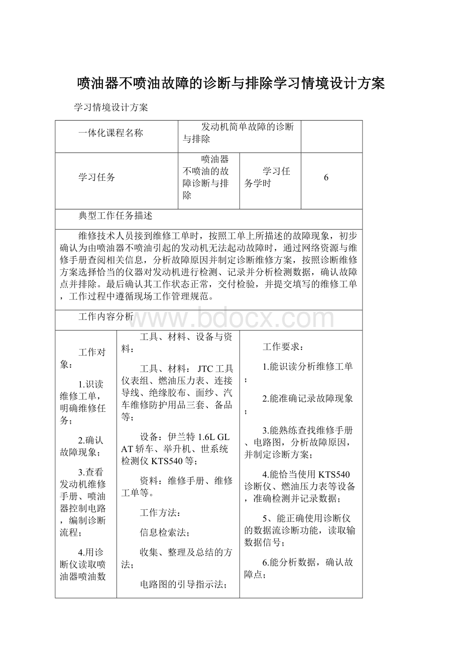 喷油器不喷油故障的诊断与排除学习情境设计方案.docx