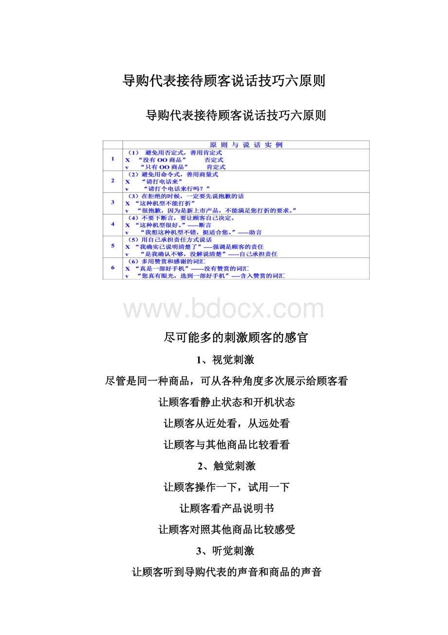 导购代表接待顾客说话技巧六原则Word下载.docx