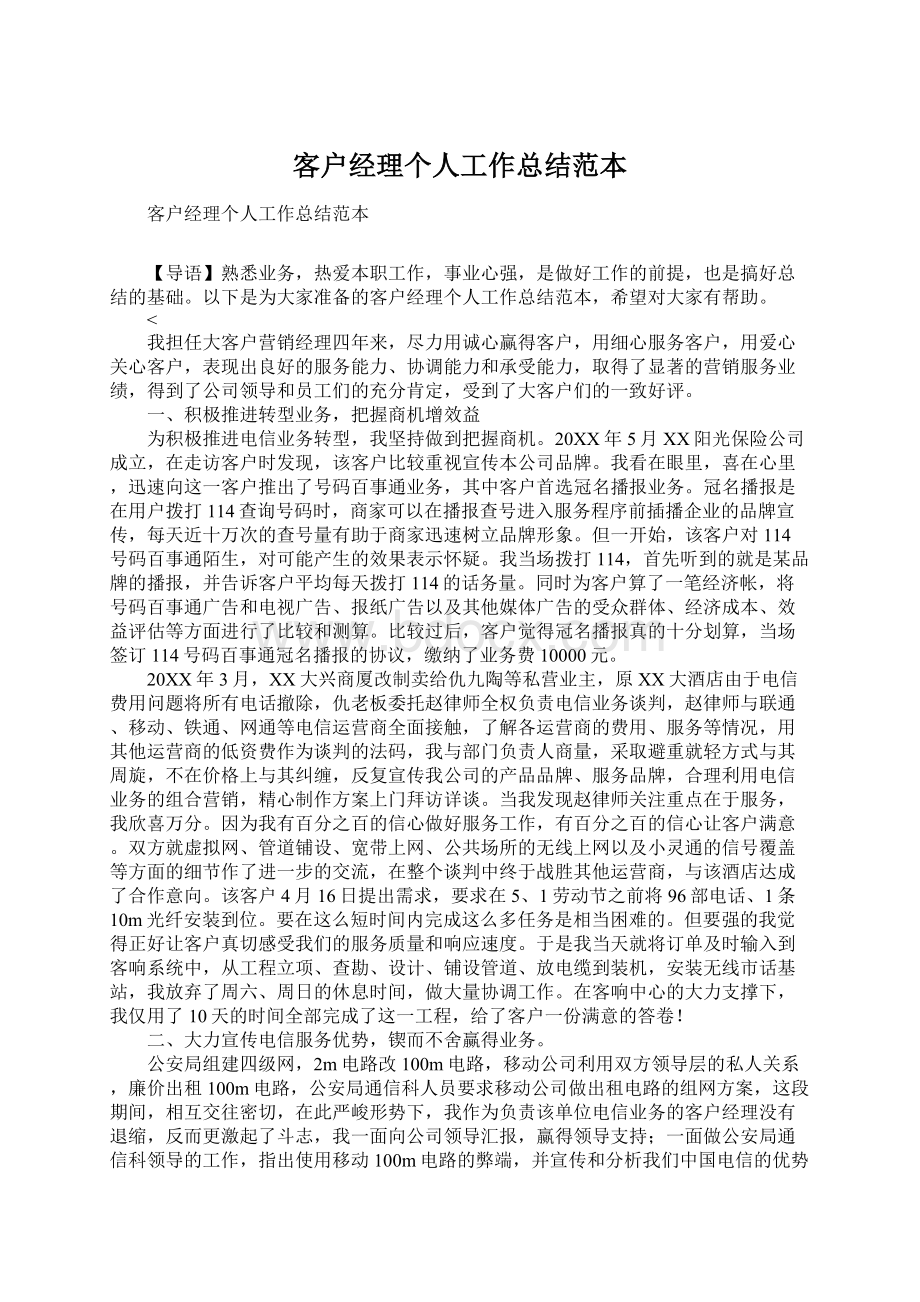 客户经理个人工作总结范本文档格式.docx