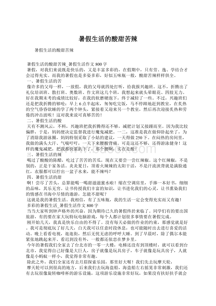 暑假生活的酸甜苦辣Word文档下载推荐.docx_第1页