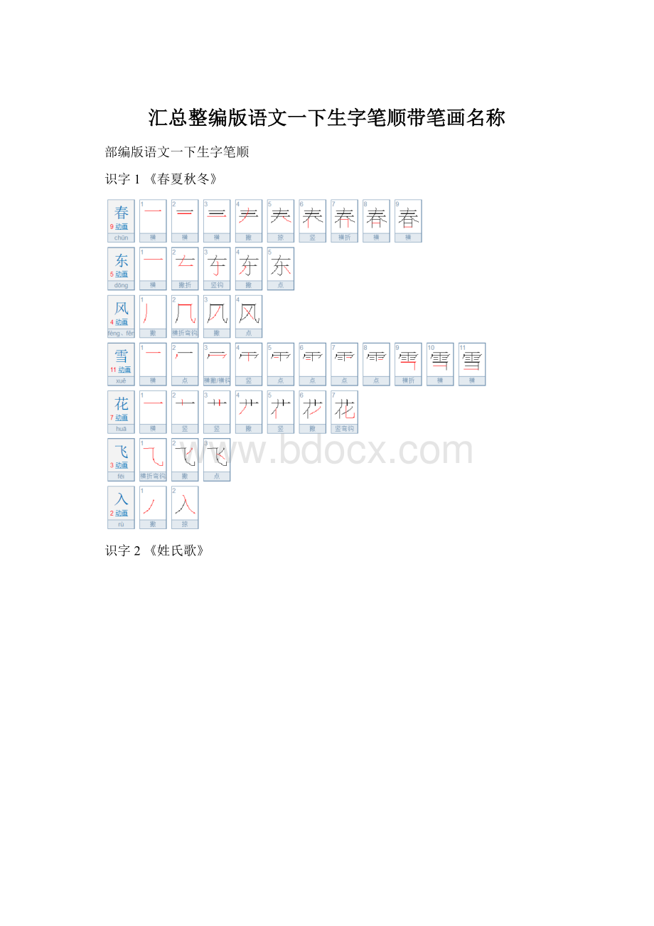 汇总整编版语文一下生字笔顺带笔画名称Word文档格式.docx