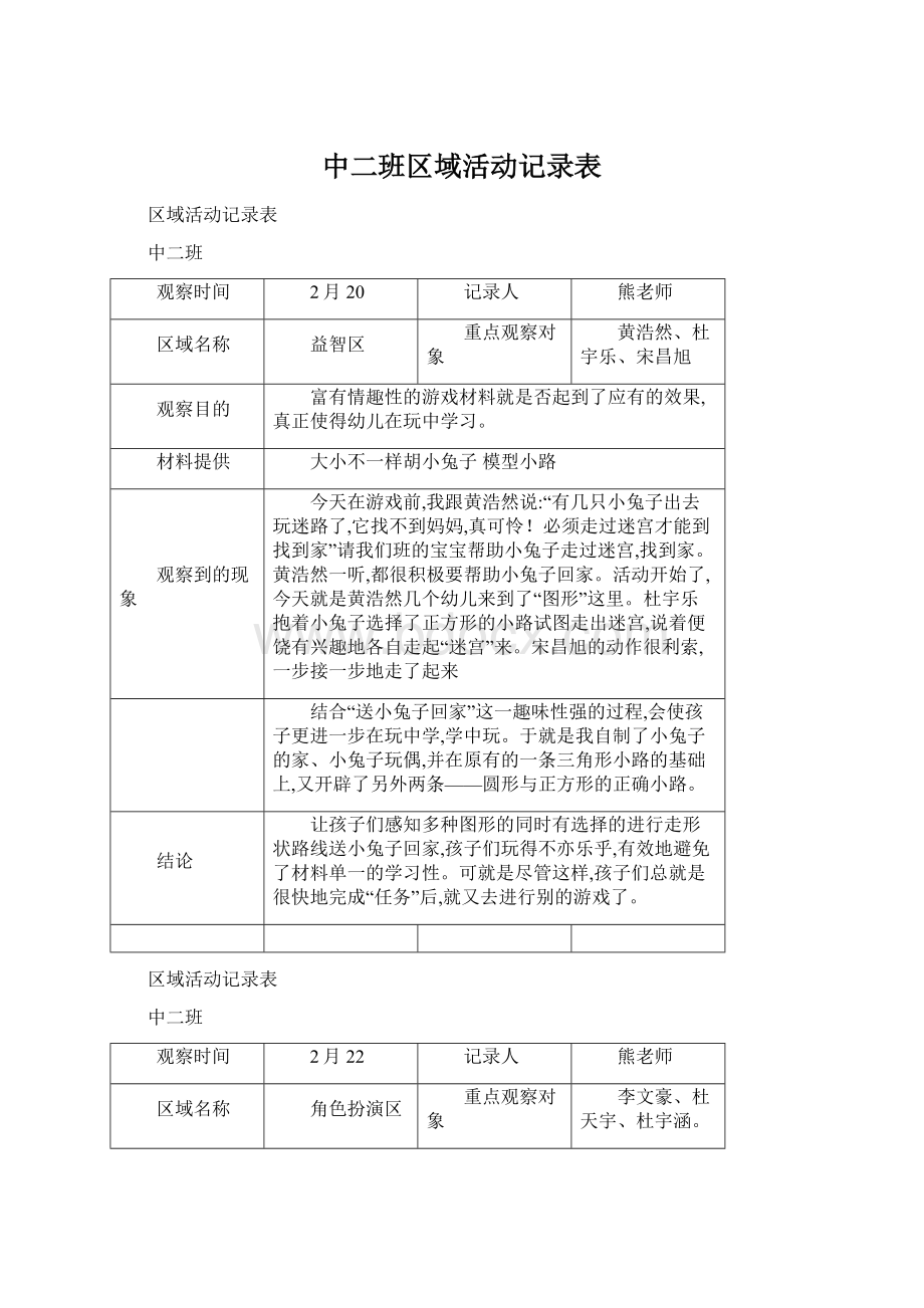 中二班区域活动记录表Word文档下载推荐.docx