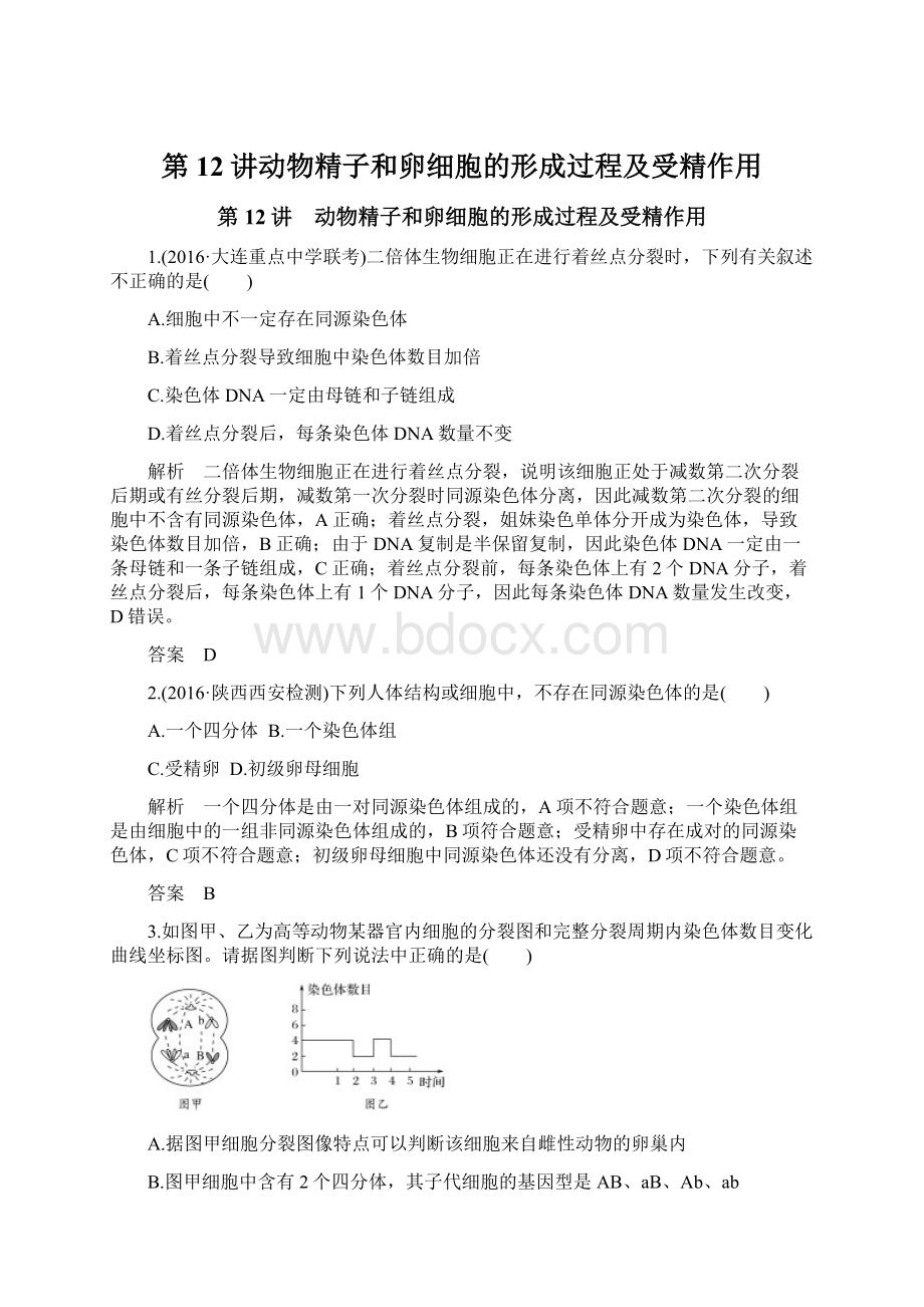 第12讲动物精子和卵细胞的形成过程及受精作用Word文档下载推荐.docx