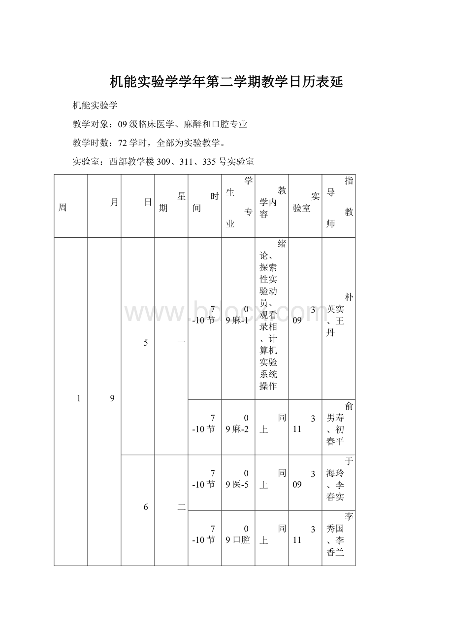 机能实验学学年第二学期教学日历表延.docx_第1页