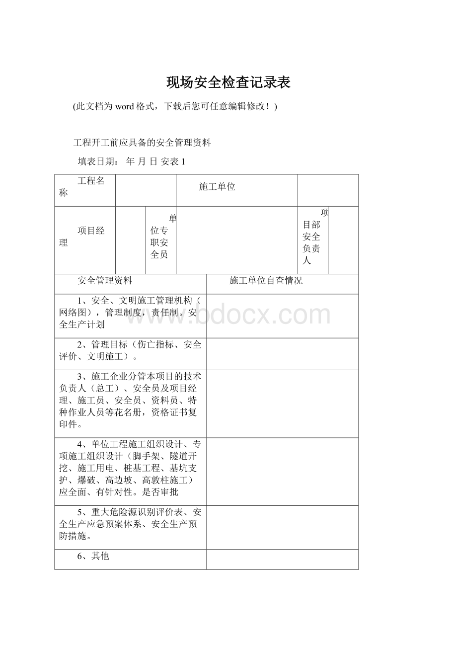 现场安全检查记录表Word文件下载.docx