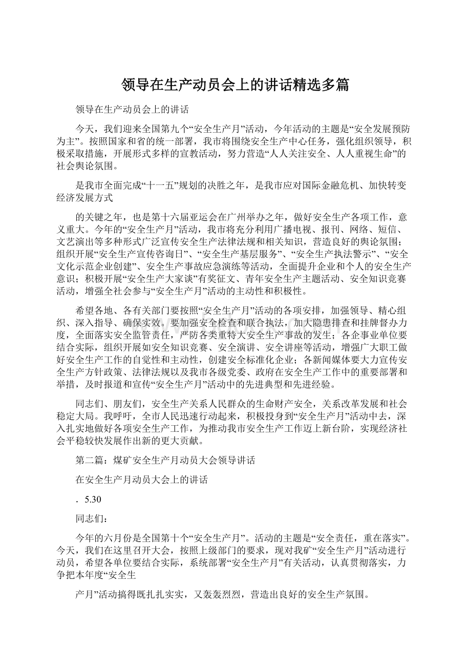 领导在生产动员会上的讲话精选多篇文档格式.docx_第1页