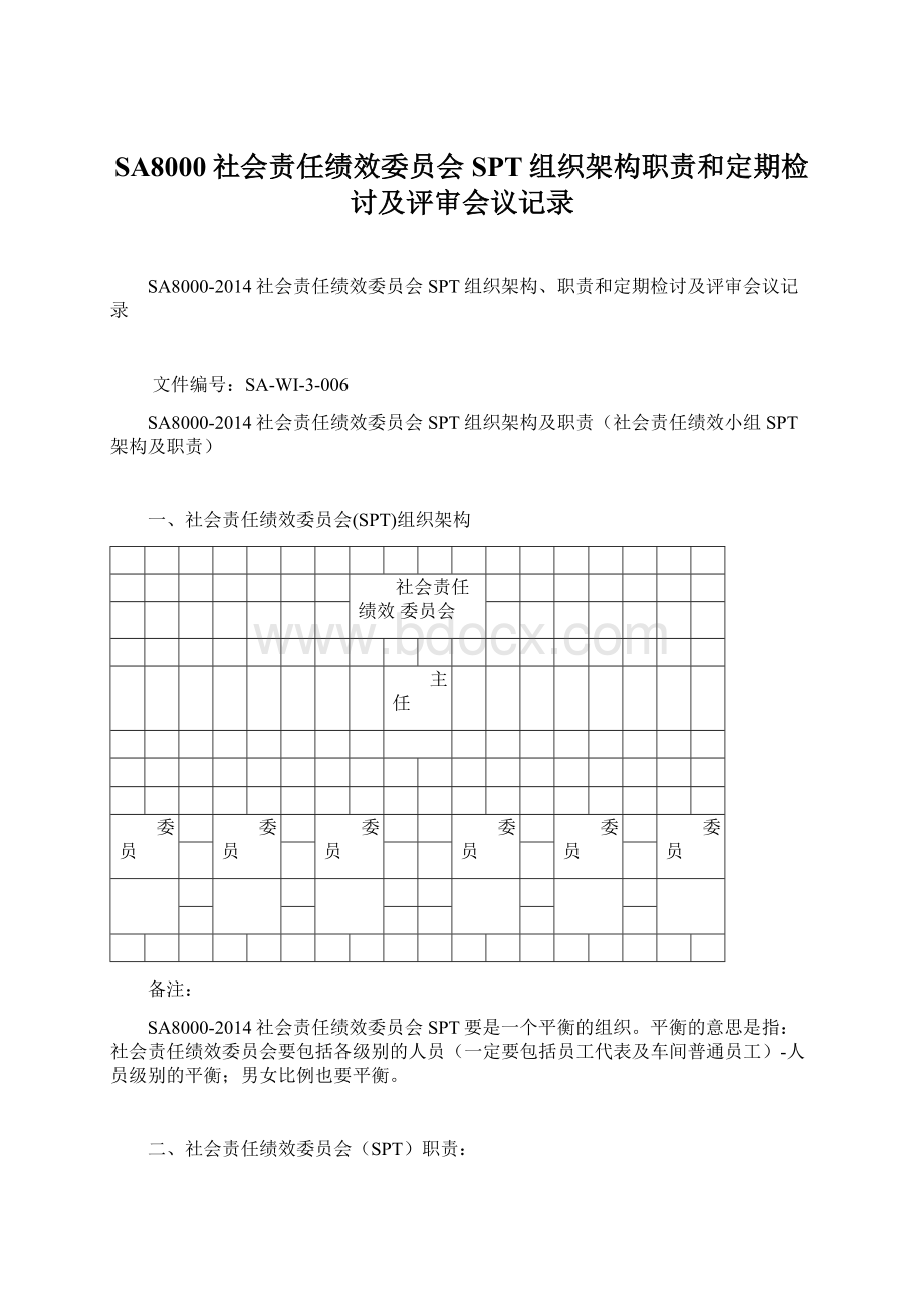 SA8000社会责任绩效委员会SPT组织架构职责和定期检讨及评审会议记录Word文档下载推荐.docx