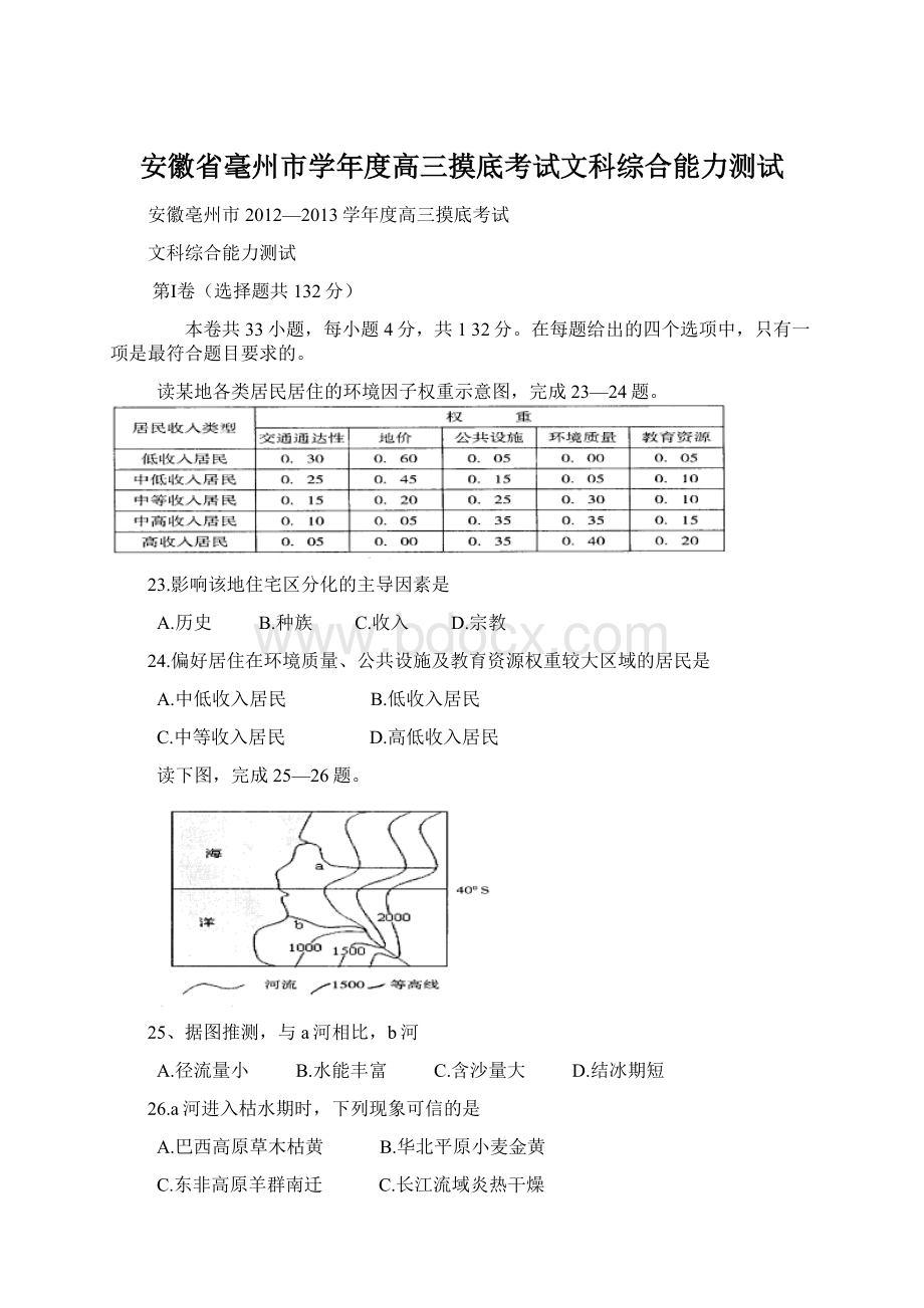 安徽省毫州市学年度高三摸底考试文科综合能力测试.docx