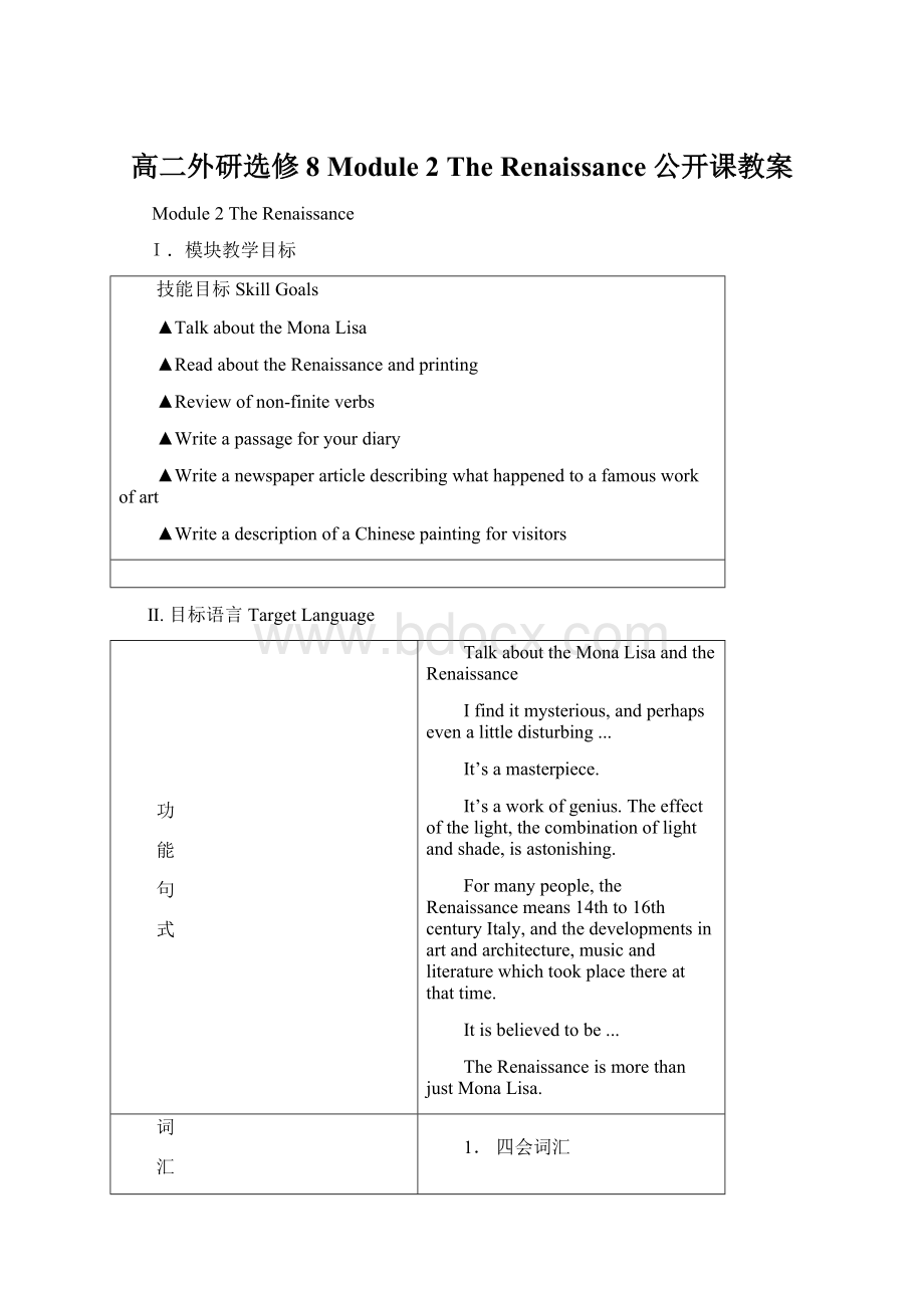 高二外研选修8 Module 2 The Renaissance 公开课教案Word下载.docx_第1页