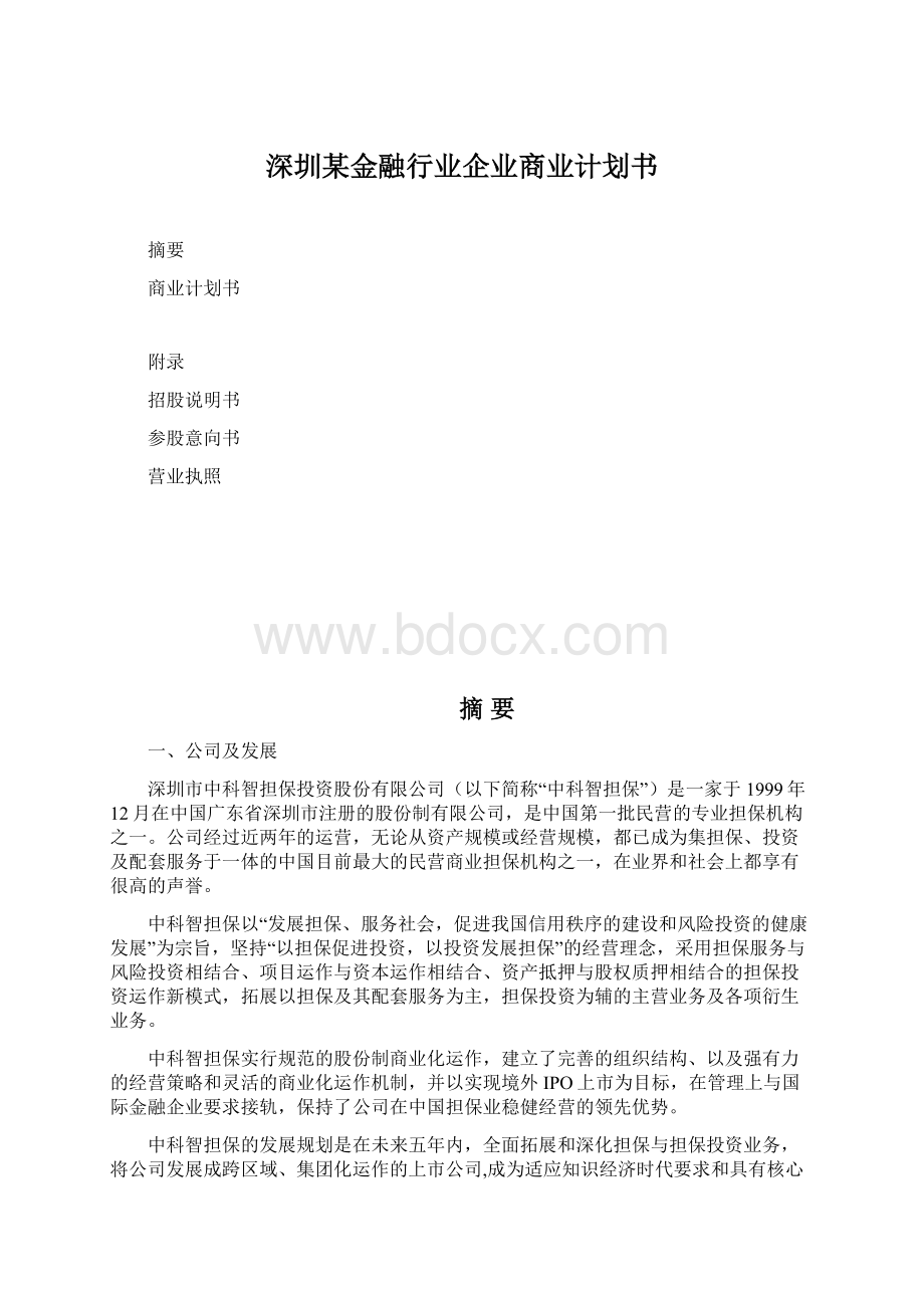 深圳某金融行业企业商业计划书Word文档格式.docx_第1页