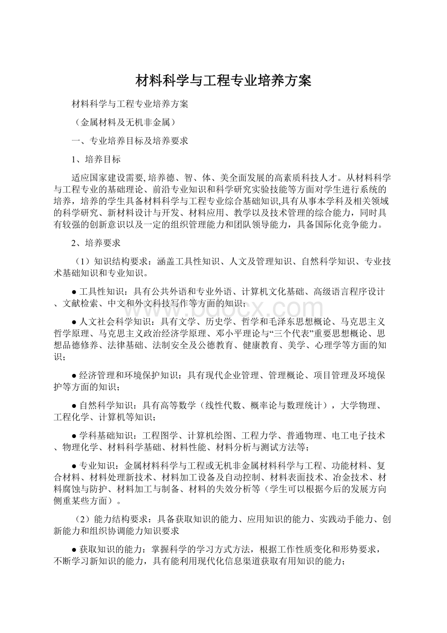 材料科学与工程专业培养方案Word格式文档下载.docx