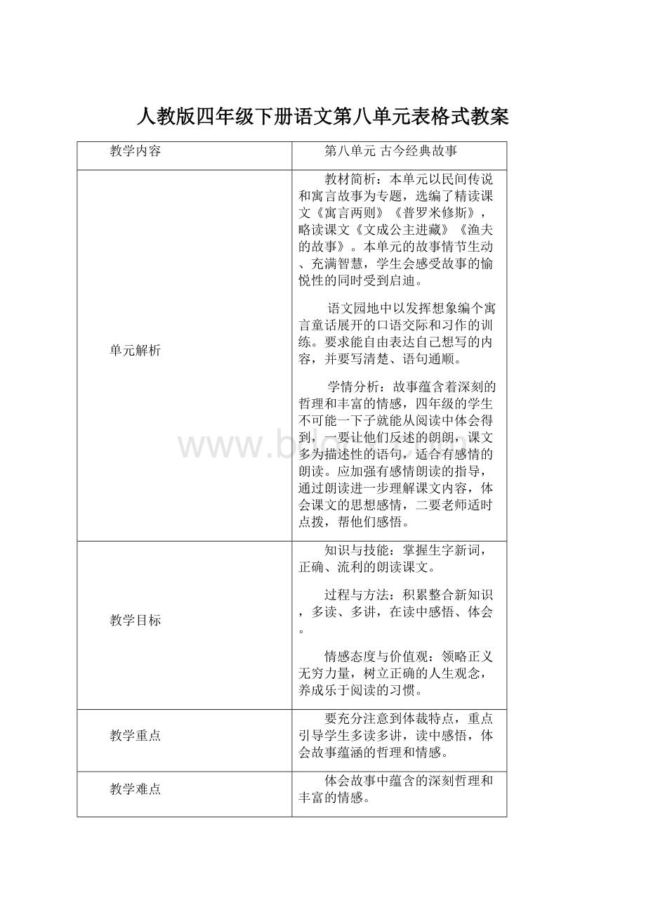 人教版四年级下册语文第八单元表格式教案.docx