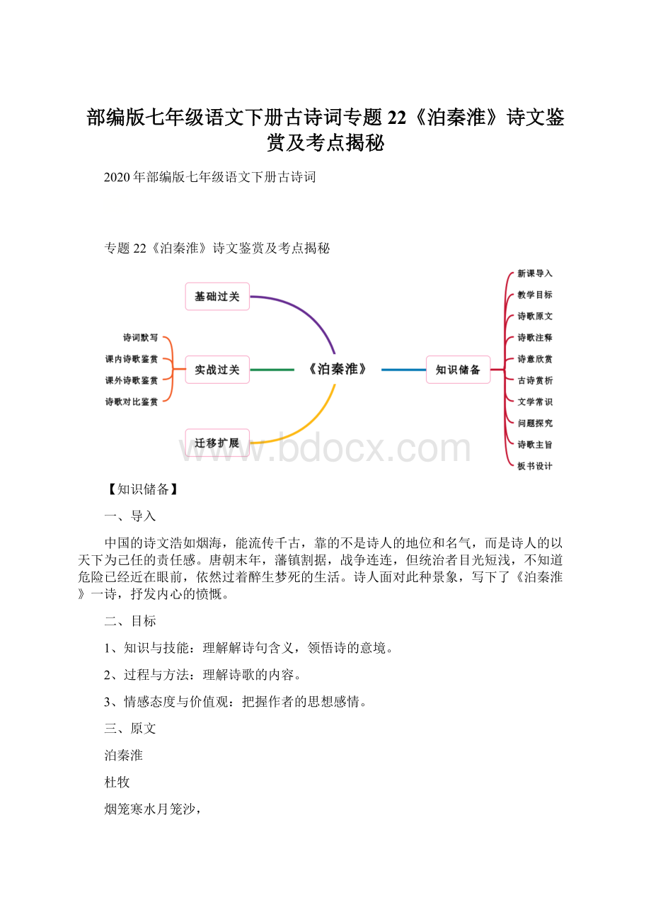 部编版七年级语文下册古诗词专题22《泊秦淮》诗文鉴赏及考点揭秘Word下载.docx_第1页