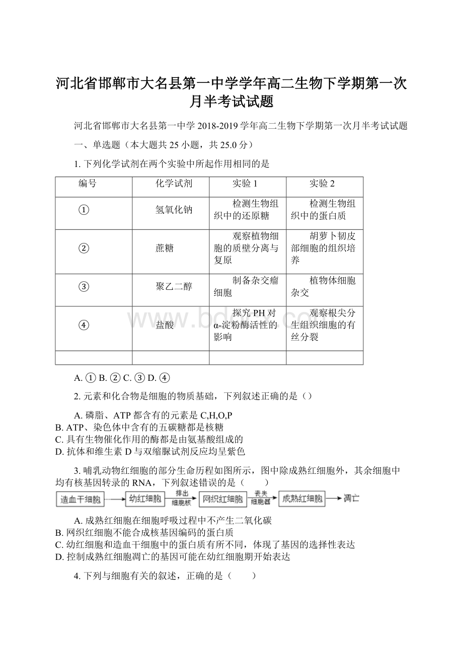 河北省邯郸市大名县第一中学学年高二生物下学期第一次月半考试试题文档格式.docx