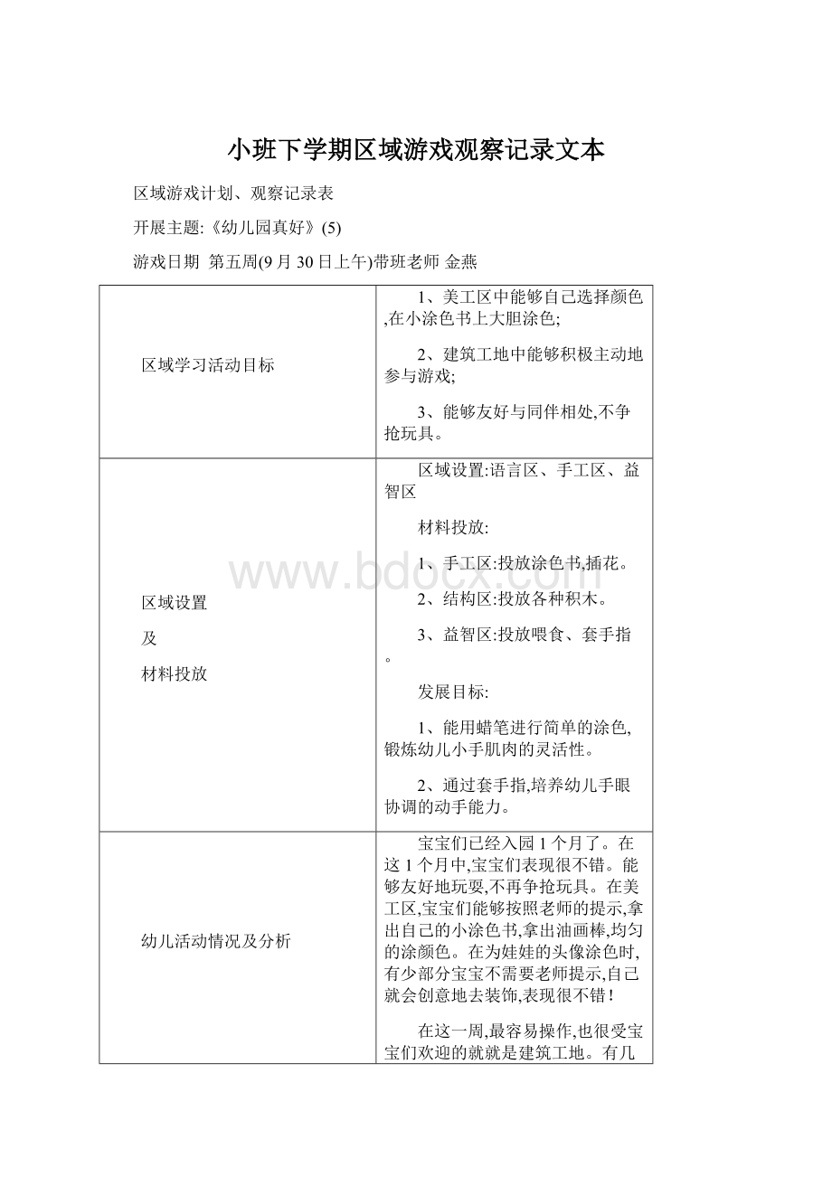 小班下学期区域游戏观察记录文本.docx