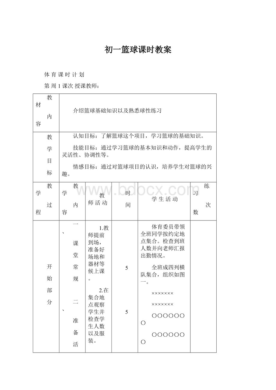 初一篮球课时教案Word文档格式.docx