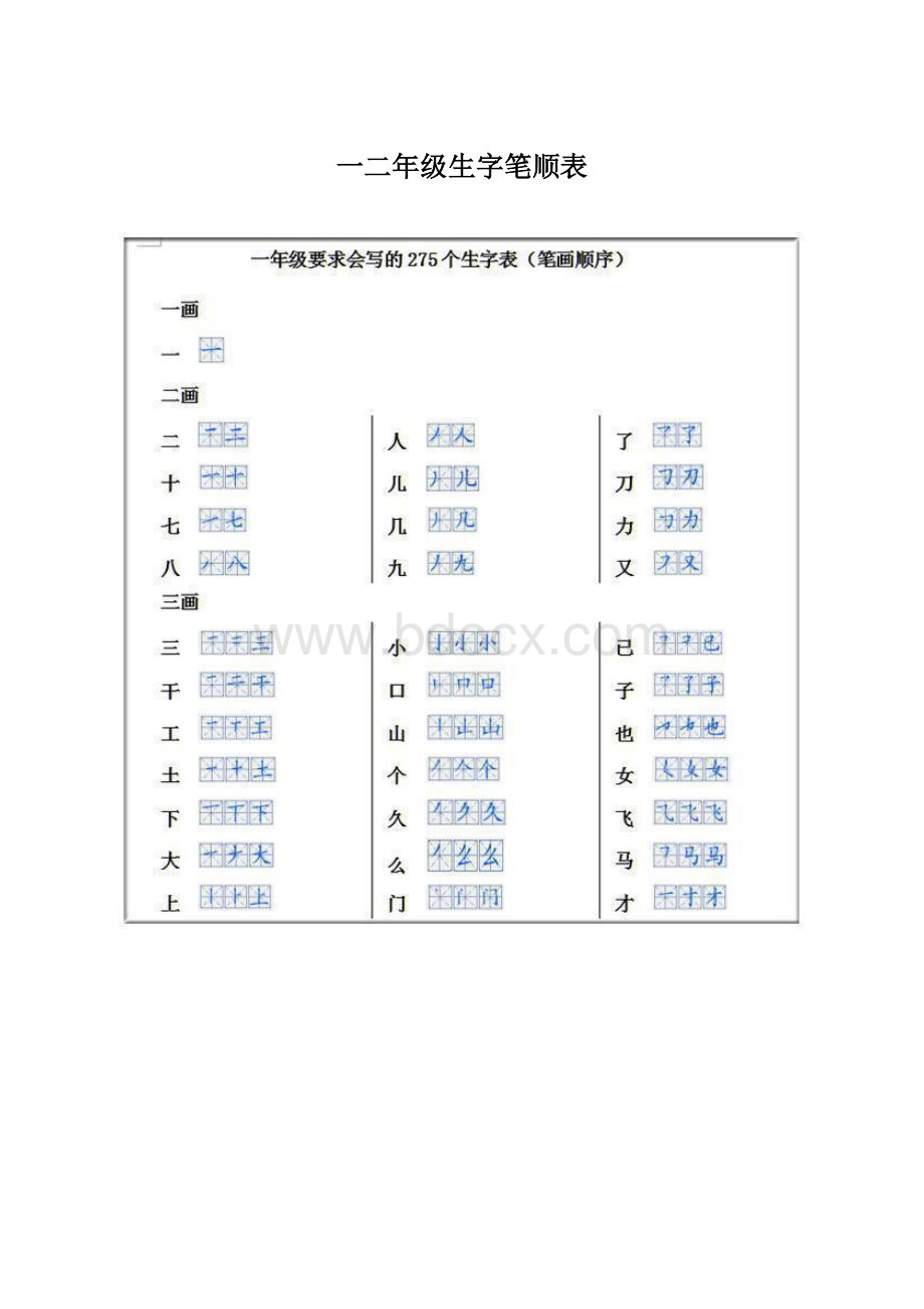 一二年级生字笔顺表Word下载.docx