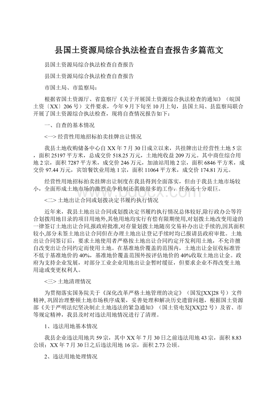 县国土资源局综合执法检查自查报告多篇范文.docx_第1页