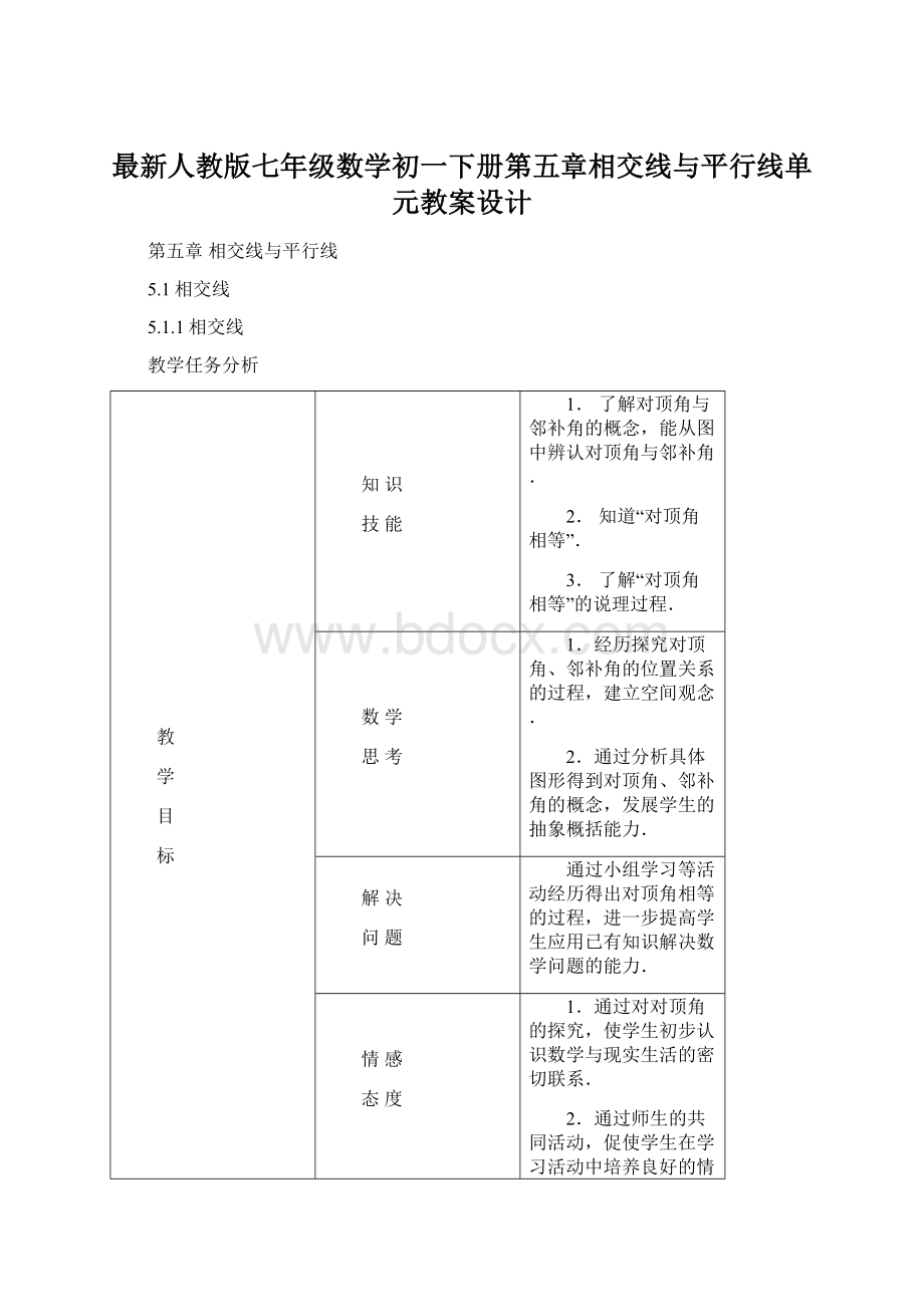 最新人教版七年级数学初一下册第五章相交线与平行线单元教案设计Word文档下载推荐.docx_第1页